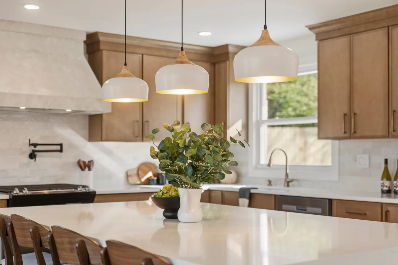 Three pendant lights over the kitchen island